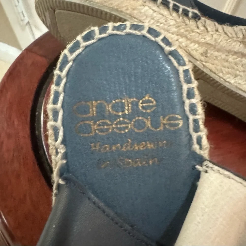 Andre Assous DAINTY Navy Blue Leather & Raffia Espadrilles Sandals 37